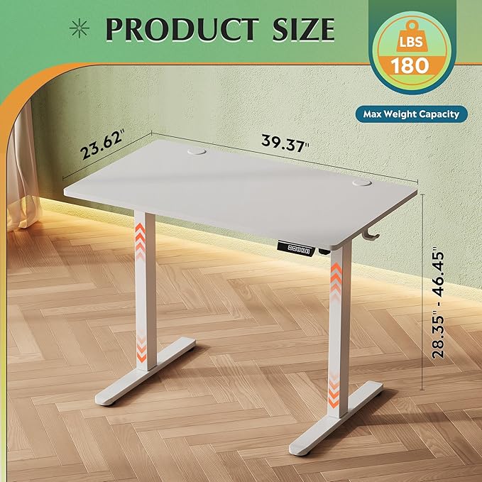 DEVAISE Whole Piece Standing Desk, 40 x 24 Inch Electric Standing Desk with Adjustable Height, 3-Preset Memory Sit Stand up Desk, One Piece Desktop Computer Desk for Home, Office (White)