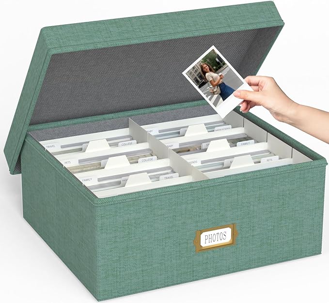 Decorative Photo Storage Box - Linen Photo Box Organizer with Dividers, Fits Holds Up to 1700 Pictures and 4x6 Photos, Memory Keepsake Organizer for Photos, Scrapbook Supplies, Cards, Stamps (Green)