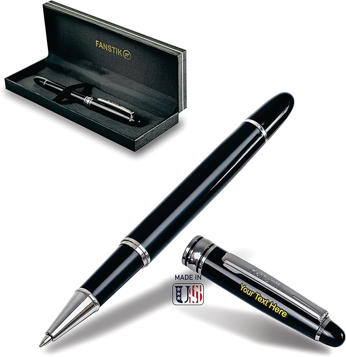 FANSTIK Customized RollerBall pen with name (MADE IN USA), stainless steel, black and silver, luxury engraved pen personalized for men and for women. (RollerBall Black-Silver)