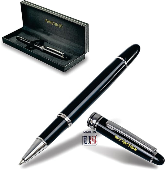 FANSTIK Customized RollerBall pen with name (MADE IN USA), stainless steel, black and silver, luxury engraved pen personalized for men and for women. (RollerBall Black-Silver)