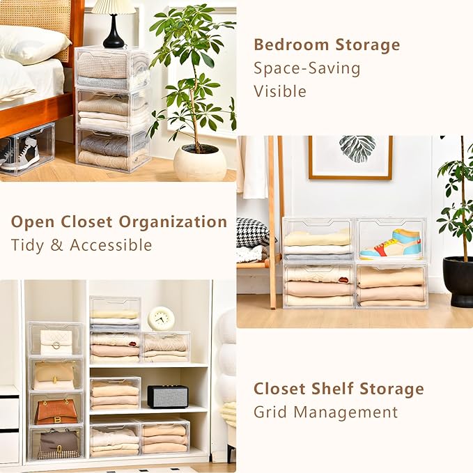 Freebat Closet Organizers and Storage, Acrylic Clear Plastic Storage Bins with Magnetic Door, 8 Pack Storage Containers for Clothes Home Organization Purse Bag Cabinet Display Closet Organizer System