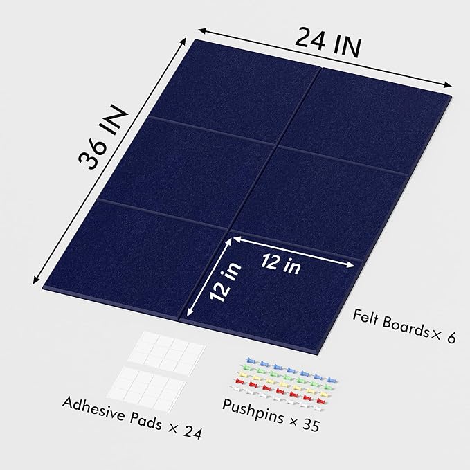 Neatsure Large Cork Board for Wall, 36" x 24" Bulletin Board with Pushpins, 6 Panels Felt Tiles Tack Push Pin Board for Office, Dark Blue