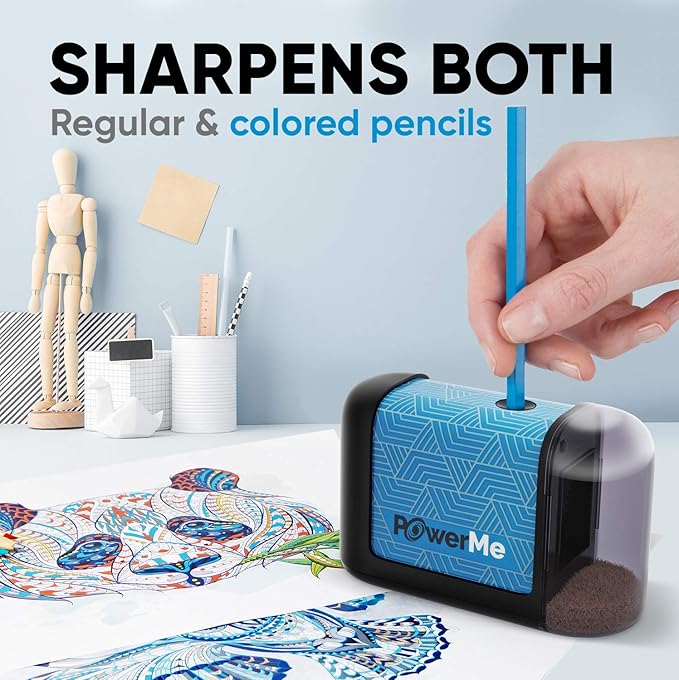POWERME Battery-Operated Electric Pencil Sharpener for Kids, School, Home, Office - for No. 2 Pencils and Colored Pencils