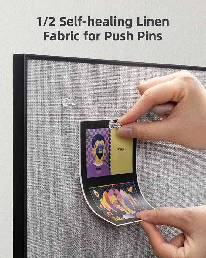 Lightomorrow Bulletin Board 36 x 24 inches, Black Board & Grey Fabric Board Combo, Black Aluminum Framed Linen Vision Board with 10 Push Pins