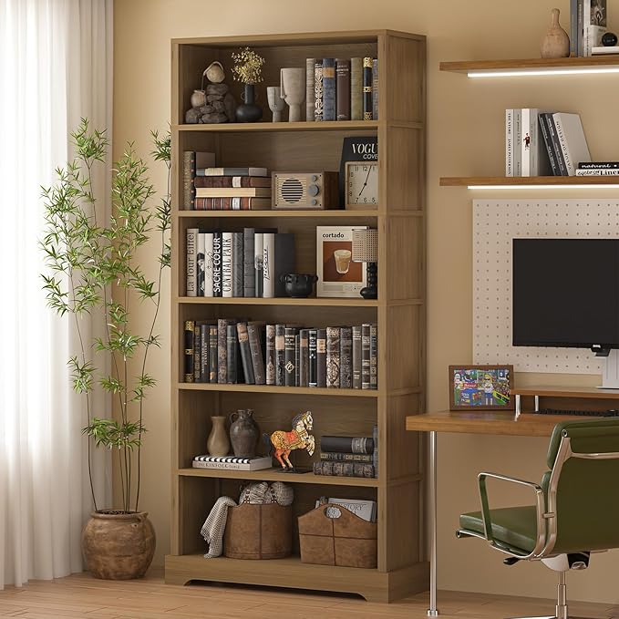 TVU 6-Tier Wooden Bookshelf, 77.2" Tall Farmhouse Style Open Bookcase, 31.5" W Standing Book Shelf with Storage, Suitable for Study, Living Room, Office, Teak