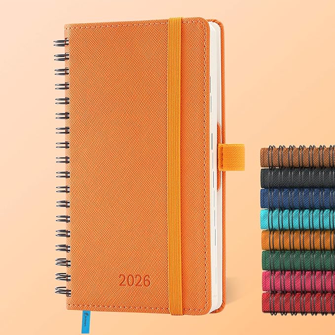 IN-LUXPRO Planner 2026 Daily Weekly and Monthly,6.5"x3.75",12 Months Spiral Bound Calendar Agenda with Self-adhesive Pen Holder,2026 Appointment Book with Vegan Leather Soft Cover,Orange