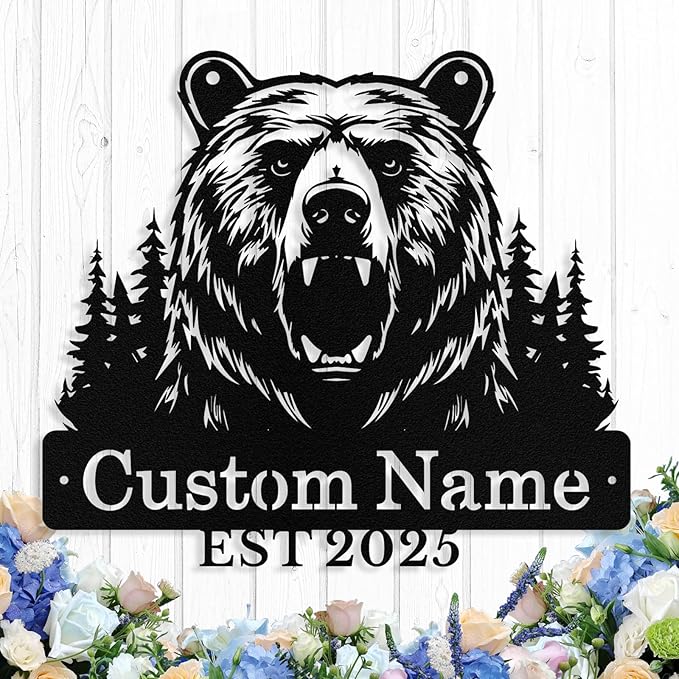 Custom Bear Metal Sign, Custom Bear Metal Wall Art Decor, Personalized Last Name Signs for Home, Rustic Farmhouse Black Wall Decor for Cabin, Bedroom, Living Room, Porch
