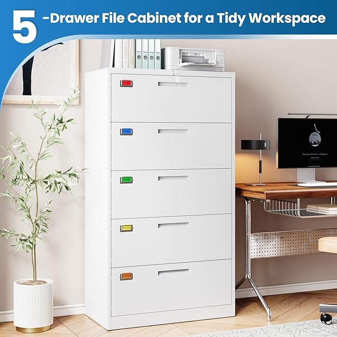 PEUKC 5 Drawer File Cabinet, Lateral Filing Cabinets for Home Office, Office Storage Drawers with Lock, Hanging Files Legal/Letter A4 Size (Assemble Required,White)
