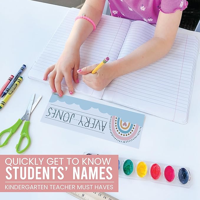 Desk Name Tags for Classroom -25 Student Name Plates for Classroom Kindergarten, Preschool, 1st, 2nd & 3rd Grade, 9x3 Teacher Nameplates for Student Desks & Cubbies, Boho Nametags