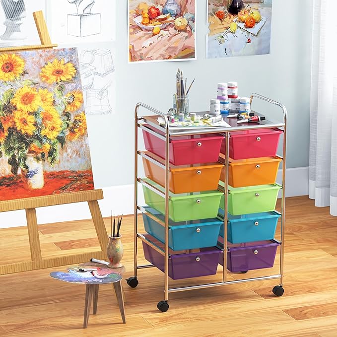 GLACER 10 Drawer Rolling Cart, Storage Cart with Lockable Whieels & Metal Frame, Trolley for Art Craft Oganizer, Mobile Utility Cart for Office, School, Classroom, Kitchen (Clear Rainbow)
