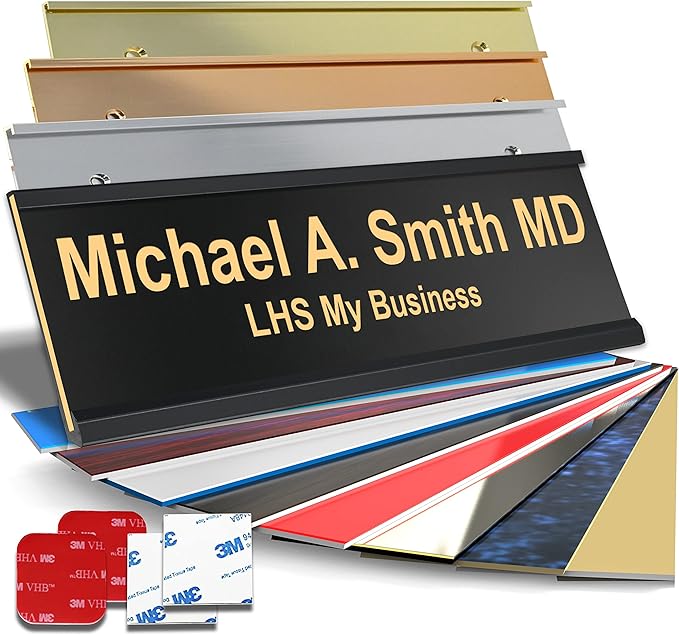 Custom Name Plate with Choice of Mounting for Walls, Doors, Cubicles, Hanging and More - Personalized Gloss Black Plastic Gold Letters - USA Made 2x12 - B3