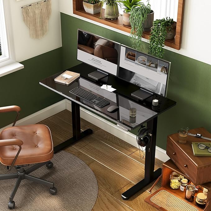 INNOVAR Glass Standing Desk with Drawers, 40 x 24 Inches Electric Height Adjustable Desk, Tempered Glass Top Stand Up Desks for Home and Office, Black