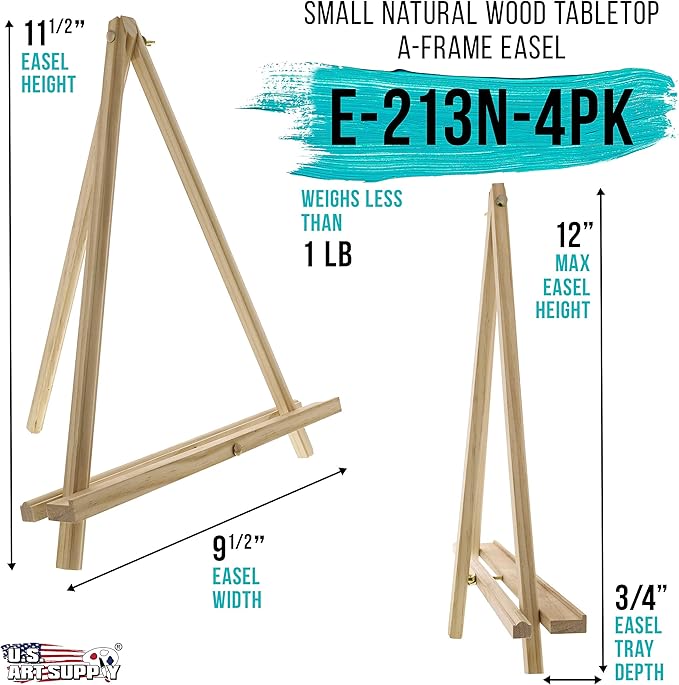 U.S. Art Supply 12" Natural Wood Tabletop Easel (4 Pack) - Adjustable A-Frame Canvas Stand for Painting Party & Signs - Table Top Easel for Painting, Canvas Holder, Crafts, Photos, Pictures