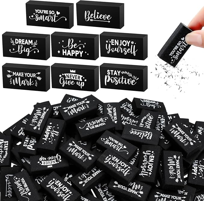 Dunzoom 100 Pcs Inspirational Pencil Erasers Bulk for Kids Fun Motivational Eraser School Supplies Back to School Office Supplies for Classroom Office Teacher Artists (Classic)