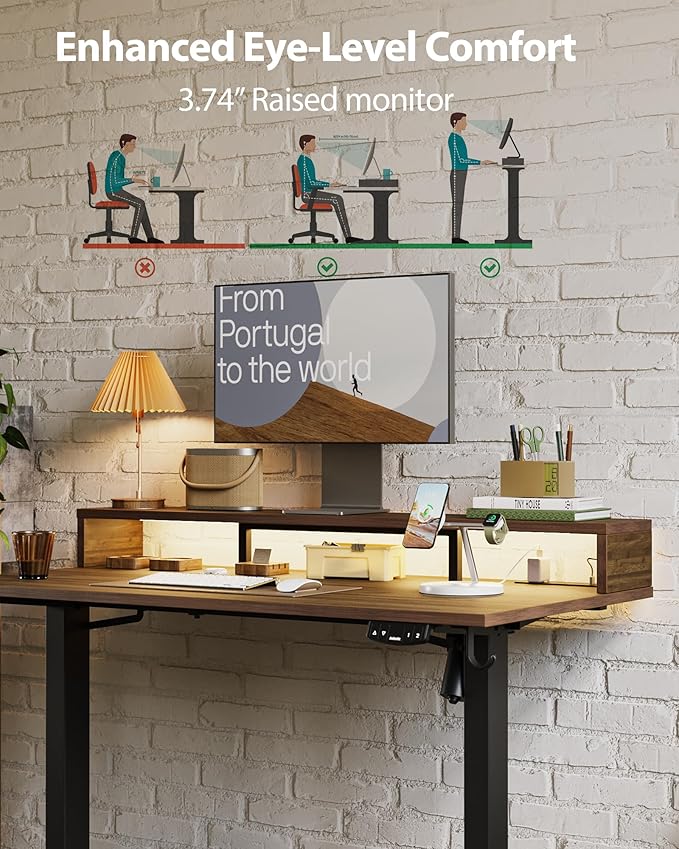 Electric Height Adjustable Standing Desk with Power Outlet and LED Light Strip, Sit to Stand, Ergonomic 48x24" Rising Desk with Memory Presets, Home Office Workstation, Computer Gaming Table, Walnut