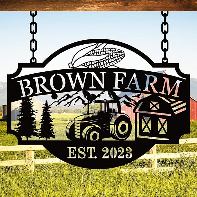 Custom Farmhouse Metal Sign | Personalized Last Name & Established Date Farm Scene Wall Art | Metal Farm Wall Art & Garden Decor | Unique Farmer Gift, Housewarming, or Ranch Decoration