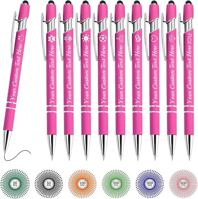 Custom Pens Bulk Personalized Ballpoint Pen with Stylus Tip Customized Engraved Pens with Name Logo Soft Black Ink with Touch Metal Office for Business Office Teacher School Corporate Gifts Pink
