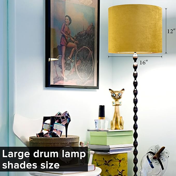 GO&SO Set of 1 Large Drum Yellow Velvet Lamp Shade -16" Top x 16" Bottom x 12" High(Spider) Modern Lamp Shades For Table Lamps & Bedside Lamp Replacement Lampshade, Hand Crafted, Required Assembly