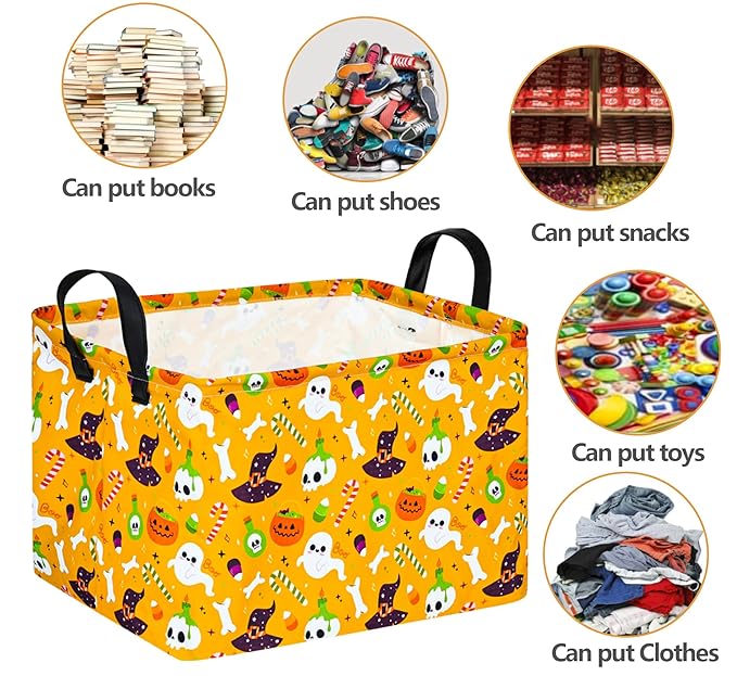 FUULOXE Halloween Empty Storage Basket with Handles Open Gifts&Candy Spooky Basket stuffers for Kids Baby Collapsible Women Organizer Bins Toys Boxes for Shelves Home Office