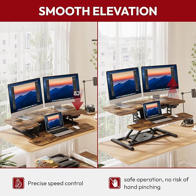 SANODESK Standing Desk Converter with Electric Motor 40" Height Adjustable Riser for Office Home,Dual Monitor and Laptop Workstation with Large Keyboard Tray, Rustic Color