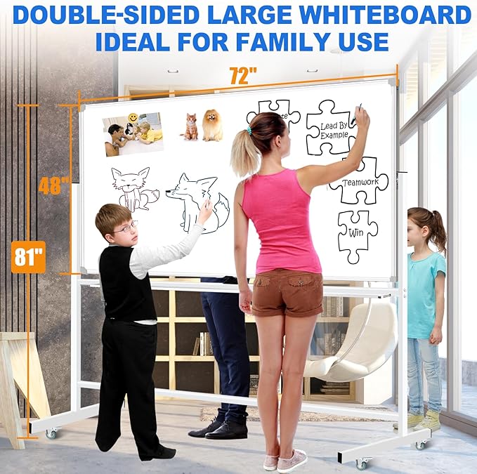 Max-officoo Magnetic White Board Dry Erase Whiteboard with Rolling Stand 72"x48" Double-Sided Mobile Large White Board on Wheels, Including 3 Magnetic Erasers, 7 Markers, 30 Magnets