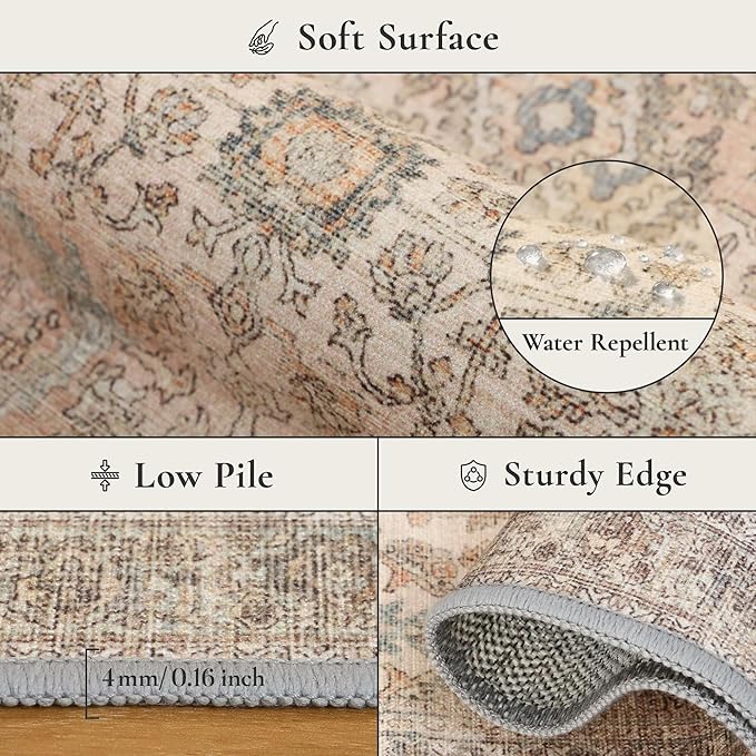 GENIMO 6x9 Area Rugs for Living Room, Machine Washable Non Slip Vintage Rugs, Low Pile Lightweight Chenille Print Rug for Bedroom, Dining Room, Home Office, Oatmeal Beige