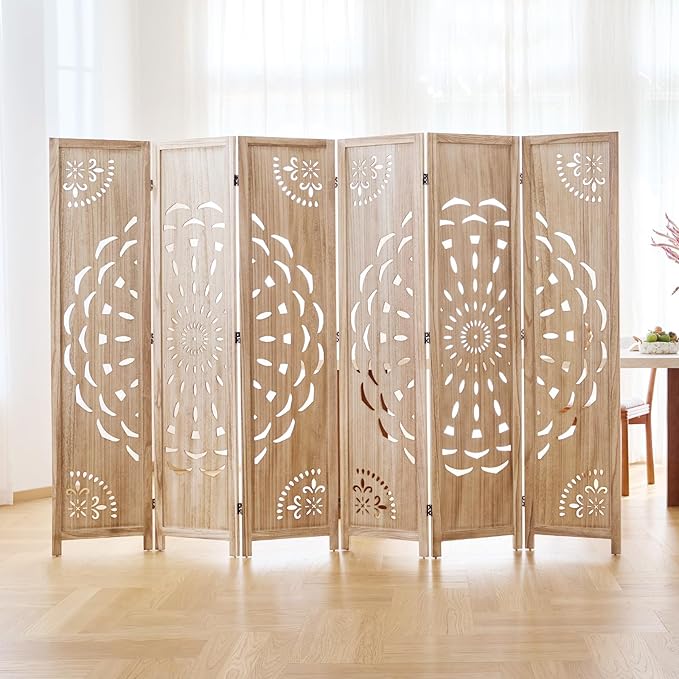 66.9Inch Wooden Room Partition - 6 Panels Boho-Styled Space Room Divider for Home/Office, Headboard & Yoga/Photo/Video Call Backdrop (Natural)