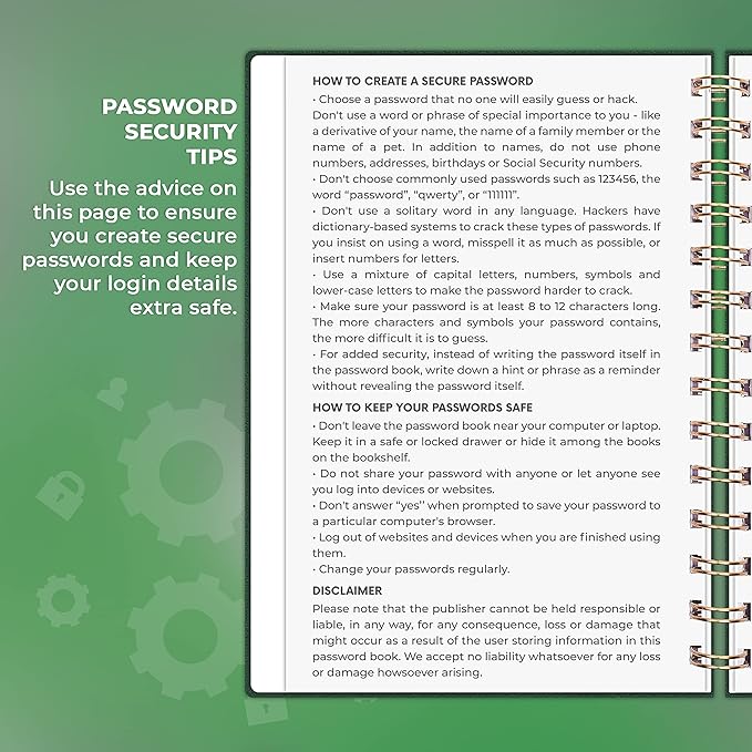 Clever Fox Password Book Spiral – Internet Address & Password Organizer with Laminated Alphabetical Tabs – Password Keeper Journal – Hardcover, Medium Size, 6.1x7.7” (Dark Green)