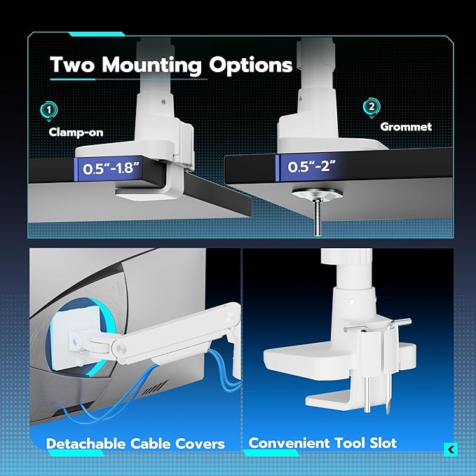 ARES WING Single Monitor Arm Desk Mount for 17-49 Inch Ultrawide Monitors, Heavy Duty Single Monitor Arm Holds 44 lbs, Full Motion Gas Spring Vertical Desk Mount, 75/100 VESA Mount, White