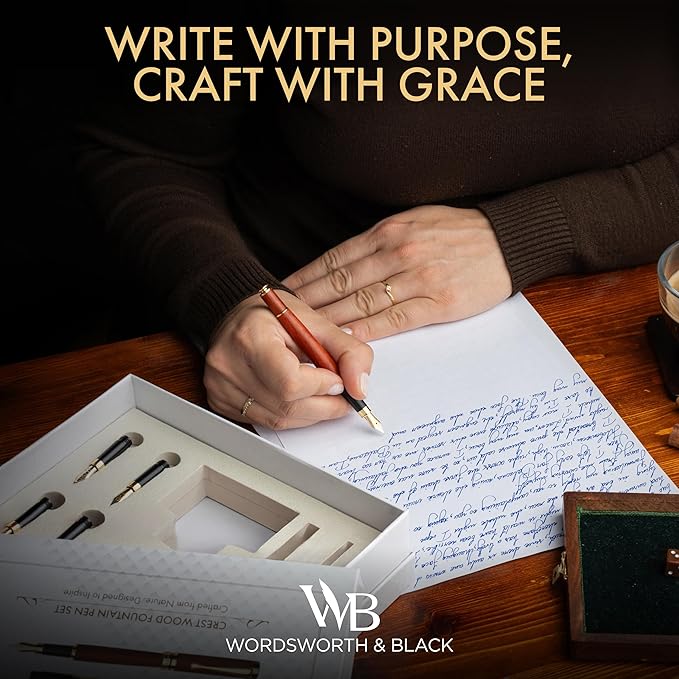 Wordsworth & Black Fountain Pen Gift Set, Includes Ink Bottle, 6 Ink Cartridges, Ink Refill Converter, 4 Replacement Nibs, Luxury Bamboo, Journaling, Calligraphy, Smooth Writing Pens [ Rosewood]