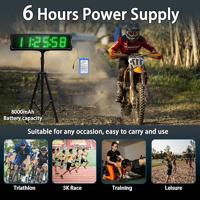 Large LED Display Digital Race Timer with Battery,Function-Countdown/Up/Time Clock, Remote Control, Tripod Stand and Adjustable Brightness for Sports Events, Races, Meetings, (Green)