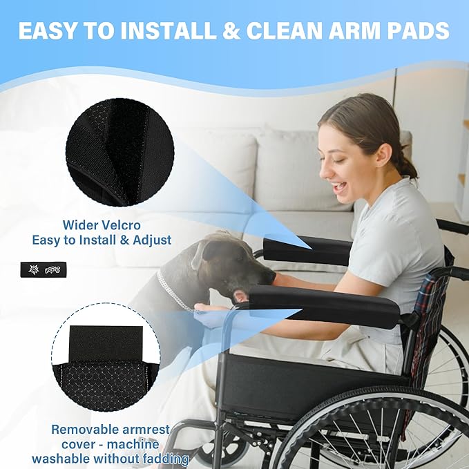 SPRING SEAON Wheelchair Armrest Covers (Pair) - Suede Velvet Memory Foam Accessories Pads for Wheelchair Arm Rest, Office Transport Chairs, Soft Support Cushion for Mobility Aids (Black)