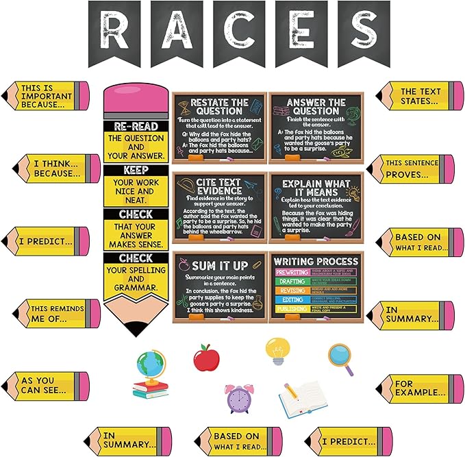 Pasimy Races Writing Strategy Bulletin Board Set Writing Process Posters for Classroom Decorations Races Alphabet Pencil with Sentences Poster Bulletin Board Cutouts Elementary Middle School(Black)