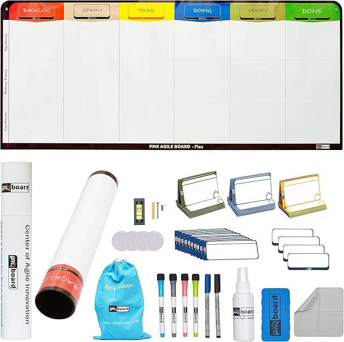 PMXBOARD 6 Column Magnetic Kanban Board, Scrum Board Flex Whiteboard Kit. Agile Kit, 106 Magnetic Kanban Card Kit, Scrum Card Set. Project Management Board for Project Planning, Scrum Whiteboard Kit
