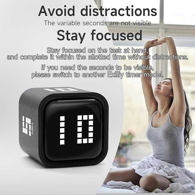 Rotating Productivity Timer 5, 10, 30, 60 Minutes Preset, Desk Cube w/Gravity Sensor for ADHD, Mute Functions, Ideal for Work, Study, Kitchen, Back to School (Black)