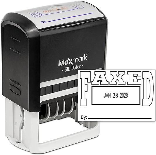 MaxMark Large Self-Inking Rubber Date Office Stamp with Faxed Phrase & Date - Black Ink, 12-Year Band - Style 5