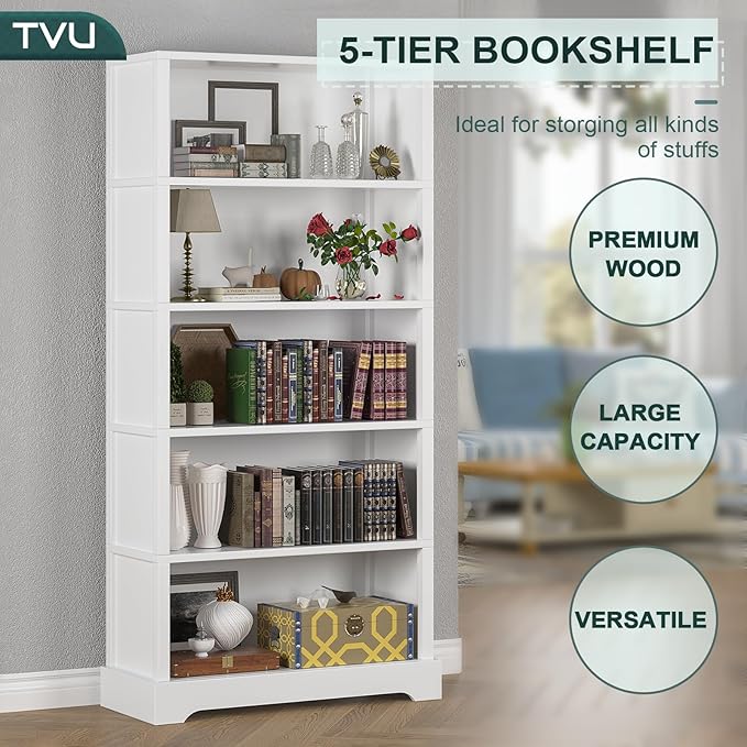 TVU 5-Tier Wooden Book shelf, 65"H × 31.5"W × 9.9“D Bookshelf with Storage, Floor-Standing Display Bookcase, Farmhouse Style Bookshelf with Arched Base, Suitable for Living Room, Study, Office, White