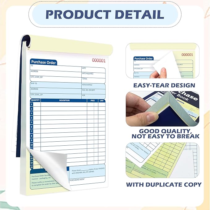 100 Sets Purchase Order Book 5-9/16 x 8-7/16 Inches 2 Part Carbonless Copy Numbered Spiral Bound Purchase Order Forms Receipt Book Invoice Book for Small Business Office (2)