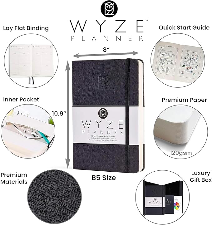 Wyze Planner Undated Daily Planner – 1-Year B5 Productivity Organizer with Two-Page Weekly Spread, Goal Setting, Habit Tracker, Weekly & Monthly Pages – Hardcover Time Management Notebook (Black)