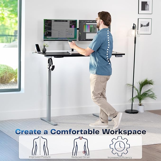 VIVO Electric 60 x 24 in Standing Desk, Memory Height Adjustment, 1B Series, Holds 220 lbs, One-Piece Black Top, Gray Frame, DESK-KIT-1G6B