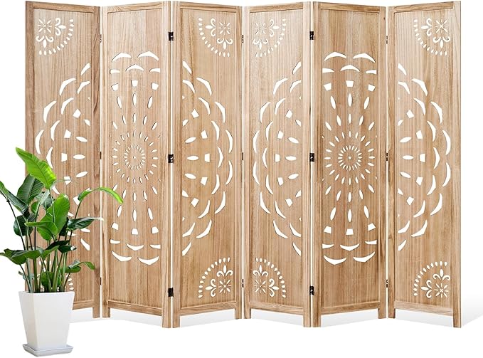 66.9Inch Wooden Room Partition - 6 Panels Boho-Styled Space Room Divider for Home/Office, Headboard & Yoga/Photo/Video Call Backdrop (Natural)