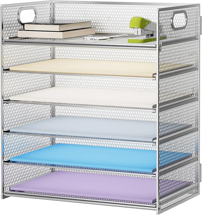 Marbrasse Paper Letter Tray - 6 Tier Mesh File Organizer with Handle, Paper Sorter for Letter/A4 Office File Folder Holder - Silver