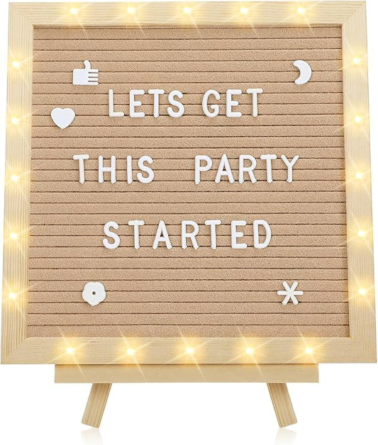 Changeable Felt Letter Board with LED Lights - 10×10" Message Custom Signs & Wood Stand & 450 Letters, Poster Board for Valentine's Day/Baby/Pregnancy Announcement/Classroom Wall Decor Gifts, Camel