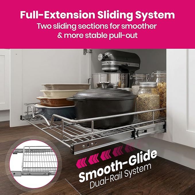 HOLDN’ STORAGE Pull Out Cabinet Organizer - Heavy Duty Steel with Smooth Slide-Out Drawers, Chrome Finish - 22" W x 17" D Basket, Fits 23.25" Cabinet Opening