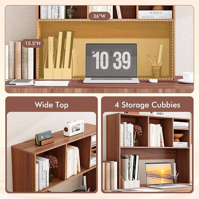 Tangkula Desktop Bookshelf, Countertop Storage Hutch with 4 Shelves for Computer Desk, Desktop 2-Tier Display Rack, Multipurpose Wood Desk Hutch Storage Organizer for Dorm Office Home (Walnut)