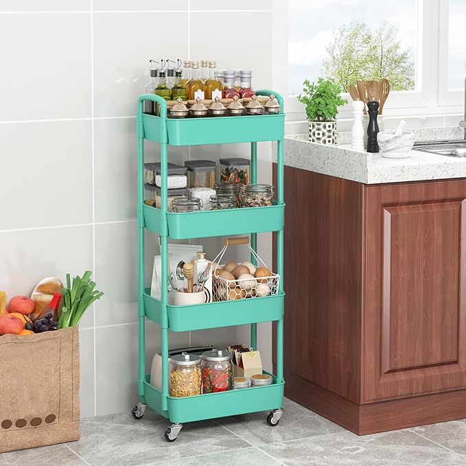 Sywhitta 4-Tier Plastic Rolling Utility Cart with Handle, Multi-Functional Storage Trolley for Office, Living Room, Kitchen, Movable Storage Organizer with Wheels, Green