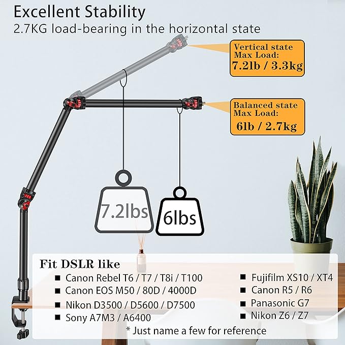 DImotliyor Overhead Camera Mount Desk Stand, 3-Section Flexible Detachable Articulating Arm with 1/4“ 3/8" 5/8" Screw&360° Ball Head, C-clamp Tabletop Mount for DSLR Camera/Webcam/Microphone/Lights