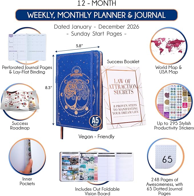 Law of Attraction Planner 2026 Deluxe with Productivity App | Weekly & Monthly Goal-Setting Planner, Life & Gratitude Journal | Include Foldable Vision Board, Gift Box & Stickers