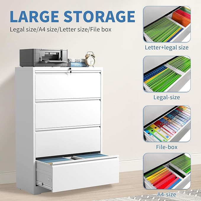 FLIXELIO File Cabinets 4 Drawer,Metal Office Storage Filing Cabinet with Lock,White Lateral Filing Cabinet for Home Office,Horizontal Locking File Cabinet for Legal/Letter/A4,Assembly Require,White