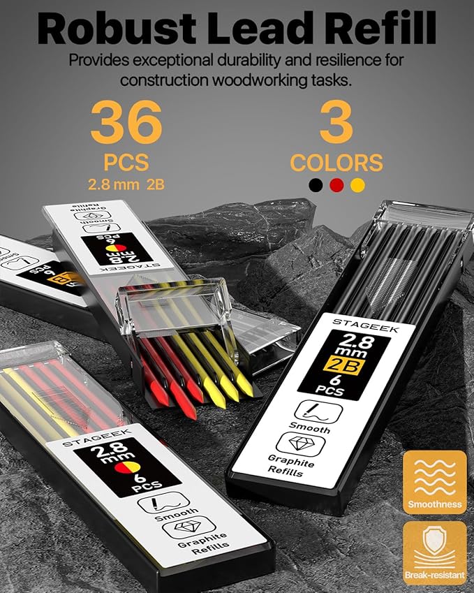 STAGEEK 3PCS Carpenter Pencils with Sharpener, Heavy Duty Woodworking Tools, Mechanical Pencil Set with 39 Refills, Deep Hole Long Nib Marker Pens for Architect Marking with Case (Red, Black, Yellow)